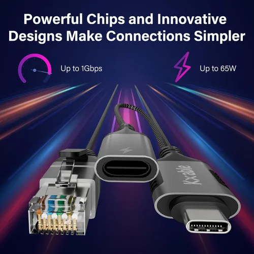 Vista 4 de Cable USB C a Ethernet de 4 pies, cable tipo C a RJ45 con USB-C hembra de 65 W PD carga rápida, Internet y carga dos en uno, red LAN Gigabit