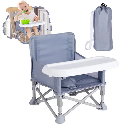 Vista 9 de Silla de bebé portátil, asiento elevador plegable con bandeja para mesa de comedor, silla de camping compacta para césped, playa, viajes, bebés de 6