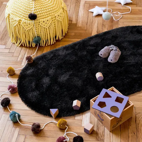 Vista 5 de Goideal - Alfombra esponjosa de dormitorio, alfombra pequeña ovalada, alfombra negra peluda para mesita de noche, ideal para habitación infantil