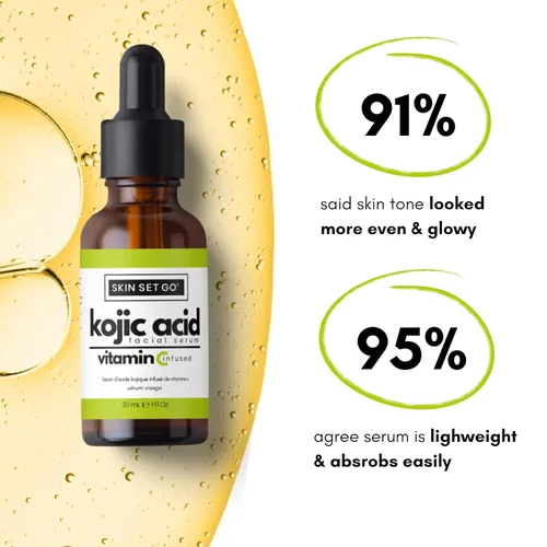 Vista 4 de SkinSetGo - Suero de ácido kójico para cara y cuerpo, ácido kójico prémium con vitamina C, mezcla AHA y BHA, suero diario ligero de 1 onza