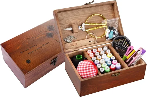 Vista 7 de Kit de costura, caja de madera para adultos, cesta de costura de madera con accesorios, kit de reparación de costura para principiantes, mujeres