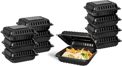 Vista 2 de Karat Contenedor con bisagras PP negro de 8 x 8 pulgadas, 1 compartimiento - 250 ct