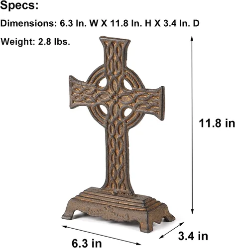 Vista 3 de Cruz celta de metal de 12 pulgadas de alto con base gruesa, hierro oxidado envejecido, decoración de mesa cruzada para el hogar, oficina, regalo