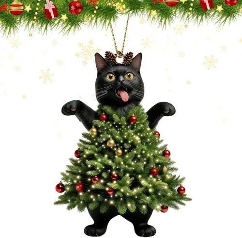 Vista 6 de Adornos colgantes de gato para Navidad 2025, Adornos colgantes para árbol de Navidad de gato negro, Está bien, estoy bien, suministros de decoración