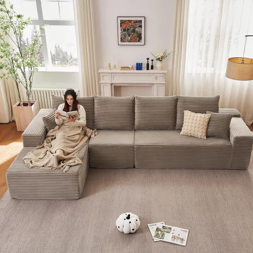 Vista 23 de Sofá modular de 96 pulgadas en forma de L, sofá modular de 3 asientos, sofá modular de pana de espuma viscoelástica sin hueso para sala de estar