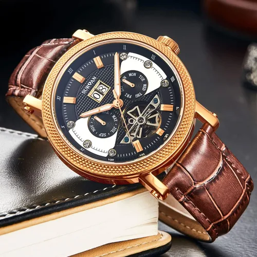 Vista 3 de SURVAN WatchDesigner Watch for Men Sapphire Crystal Mechanical Skeleton Automatic Men's Wrist Watches Ion-Plated Leather Strap Copper Watch Needle
