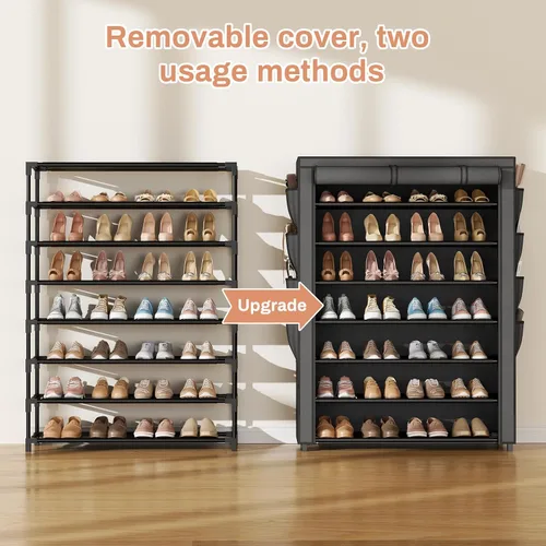 Vista 4 de VTRIN Zapatero con tapa, organizador de zapatos de 7 niveles para 35-40 pares de zapatos y botas, estante alto de gran capacidad con 8 bolsillos