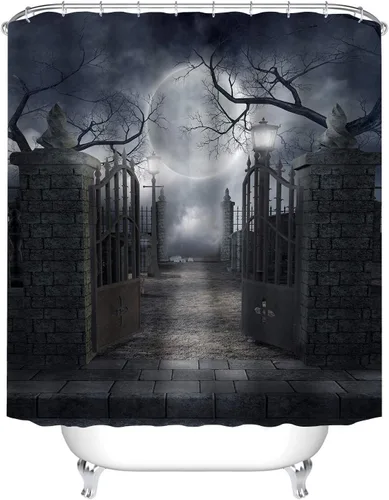 Vista 8 de Cortina de ducha de Halloween para baño, noche aterradora, patio, puerta, luna espeluznante, árbol muerto, lámpara de calle, poliester, impermeable