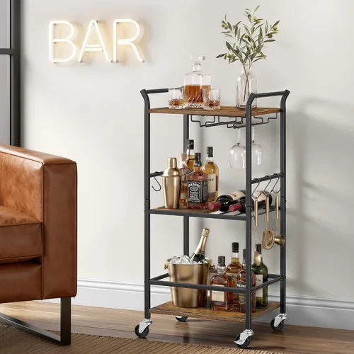 Vista 4 de VASAGLE Carrito de bar, estante de 3 niveles, soportes para vino Negro tinta