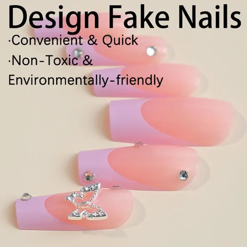 Vista 3 de Puntas de Uñas Francesas Rosadas Bailarina Uñas Postizas Largas Cuadradas de Presión Cobertura Completa Uñas Postizas Acrílicas de Mariposa