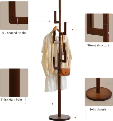 Vista 6 de Perchero de Bambú Cactus para Abrigos y Ropa, Perchero Independiente con 6 Ganchos para Adultos y Niños, Perchero Resistente Moderno para Entrada