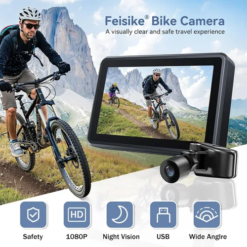 Vista 9 de FEISIKE Espejo para manubrio de bicicleta, cámara retrovisora con función de visión nocturna HD de 4.3 pulgadas, visión de ángulo amplio de 145°