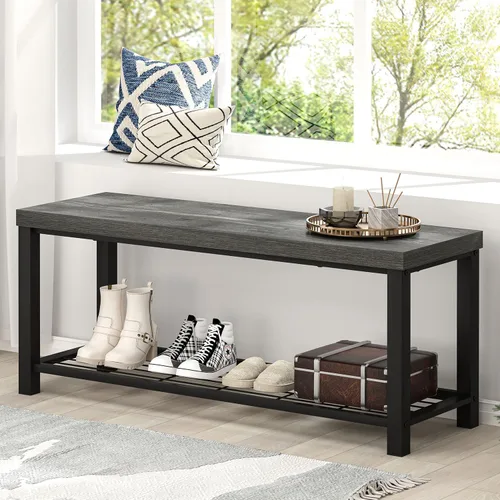 Vista 13 de EXCEFUR Banco de entrada, moderno banco de almacenamiento de madera y metal para pasillo, puerta delantera, zapatero industrial para interiores