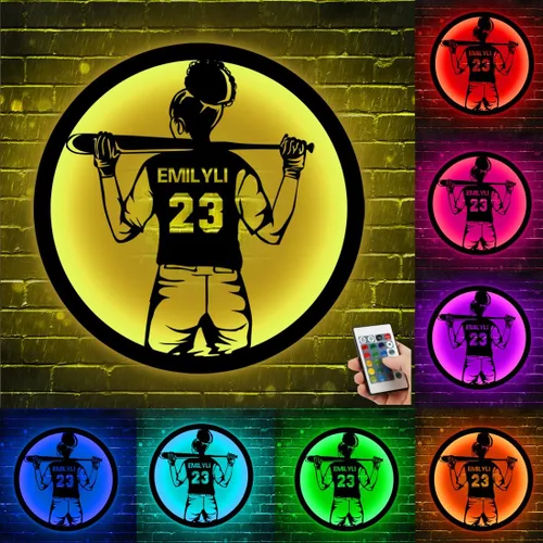 Vista 27 de Arte de Pared de Metal Personalizado de Béisbol con Bandera de EE.UU. con Luz LED, Letrero Personalizado con Nombre de Jugador de Sóftbol Americano