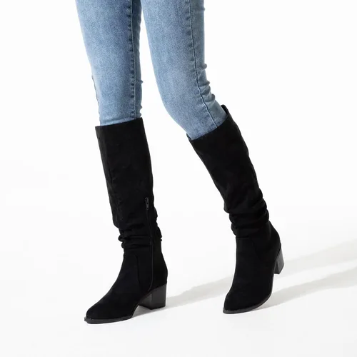 Vista 6 de Athlefit Botas de tacón alto y grueso para mujer, botas de gamuza sintética con puntera puntiaguda y cremallera lateral