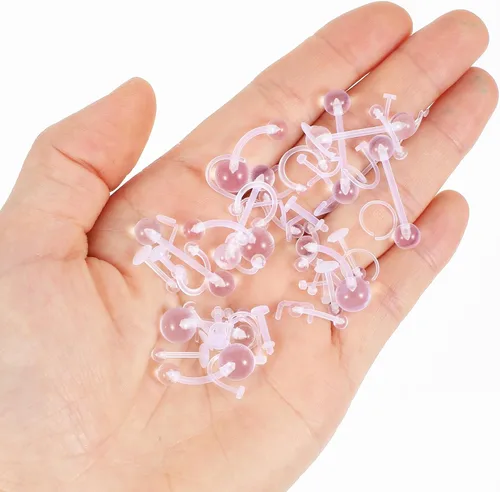 Vista 6 de Yolev Juego de 55 piercings de acrílico transparente: aretes para la nariz, aros para la nariz, anillos para el vientre, retenedores de tabique