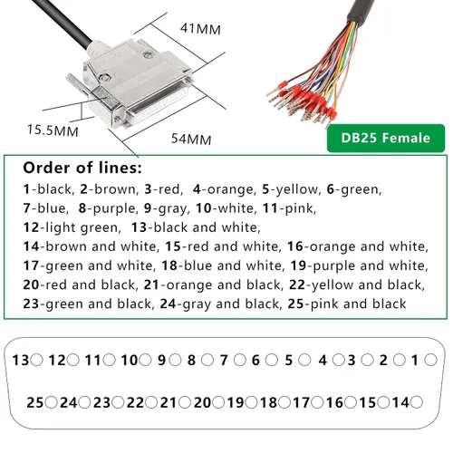 Vista 3 de XMSJSIY DB25 Adaptador de conector hembra RS232 25Pin Cable de extensión serie Cable de repuesto de puerto de 25 pines sin soldadura con cable