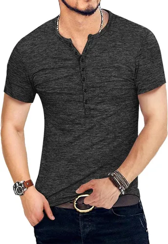 Vista 5 de KUYIGO Camisas Henley para hombre, estilo casual, ajustadas, básicas, de A01 Negro Puro