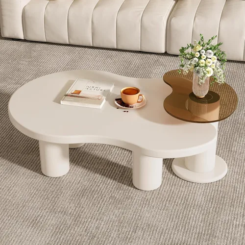 Vista 3 de Juego de 2 mesas de centro anidables modernas, con forma de nube irregular, color blanco crema, mesas centrales que ahorran espacio para sala