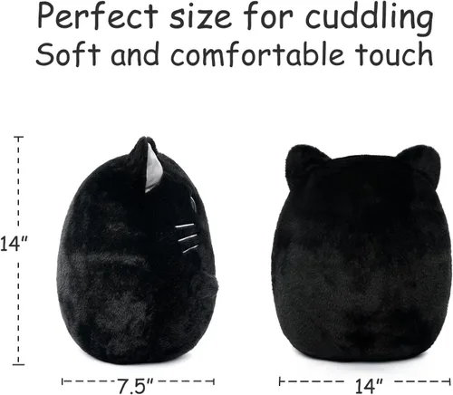 Vista 9 de WEIGEDU Gatito negro de peluche con ojos bordados para niño y niña, decoración de Halloween, cojín de almohada, sofá, regalos de inauguración