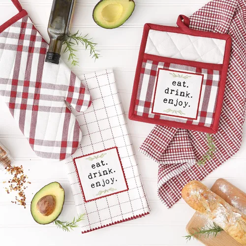 Vista 3 de DII Home Sweet Farmhouse Kitchen Collection, manoplas de horno, juego de toallas de cocina, color rojo granero, 4