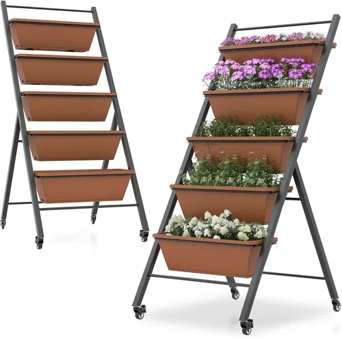 Vista 10 de Safstar - Macetero vertical de 5 niveles, cama de jardín elevada con 2 ruedas con bloqueo, 5 jardineras extraíbles, marco de metal, caja