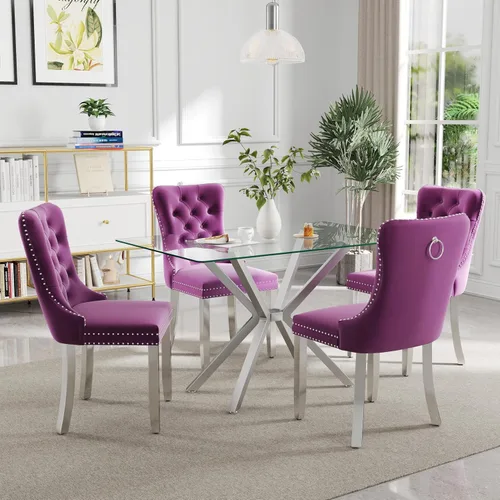 Vista 11 de Juego de comedor moderno de cristal de lujo de 5 piezas, juego de comedor rectangular minimalista para 4, juego de mesa de cocina de vidrio
