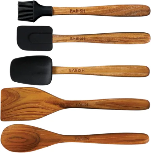 Vista 4 de Babish Juego de herramientas esenciales de madera de teca, silicona y acero inoxidable de 11 piezas