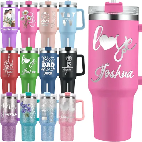 Vista 15 de Vaso personalizado con asa personalizado de 40 onzas grabado con nombre de flor de nacimiento con tapa y pajita, taza de café de viaje de acero