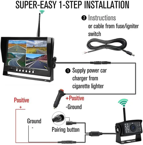 Vista 4 de EVERSECU 4 unids digital HD 1080P cámara inalámbrica de respaldo de coche con 9 pulgadas 4ch Quad Monitor/Coche DVR/Dash Monitor/Vehículo Grabador