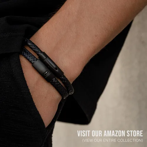 Vista 4 de Pulseras de cuentas y cuero para hombre Pulseras de cuentas de cuero negro entretejido y ónix negro Joyería minimalista de diseñador para hombres