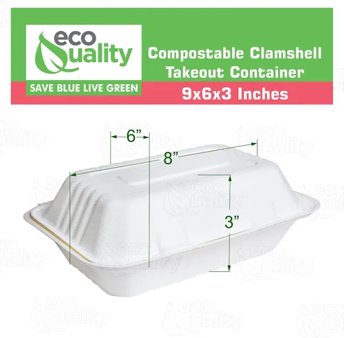 Vista 3 de Recipientes de alimentos rectangulares compostables con bisagras para llevar 9x6x3,Contenedores desechables para llevar, contenedores desechables