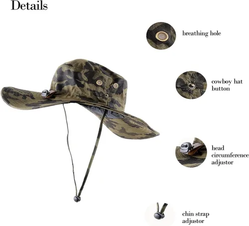 Vista 4 de Sombrero de camuflaje militar de ala ancha para pesca de verano, caza, camping, senderismo, sombrero de sol al aire libre, sombrero Boonie Verde