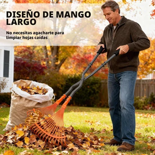Vista 6 de Rastrillo agarrador de hojas con mango largo, rastrillos de hojas de metal, parte superior ligera de hojas y césped, recolector de hojas