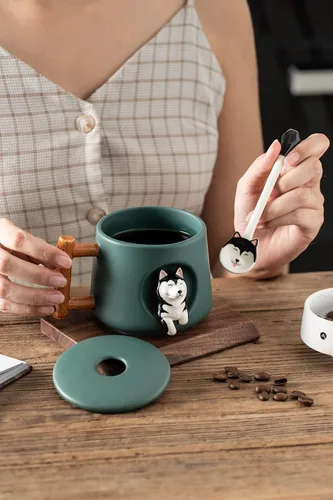Vista 9 de DIHOclub Taza de café de cerámica con tapa y cuchara a juego, taza novedosa 3D con patrón de Husky para té, leche, chocolate, jugo, taza linda