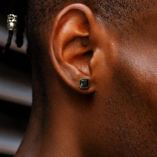 Vista 3 de KRKC&CO - Aretes tipo dormilona para hombre, cuadrados, plata de ley 925, circonita cúbica negra, hipoalergénicos, elegante aspecto hip hop