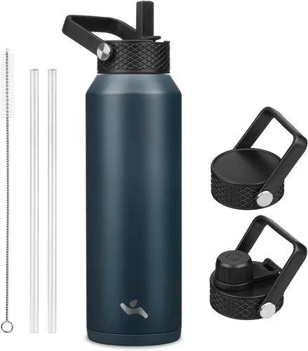 Vista 101 de Konokyo - Botella de agua aislada de 18 onzas, botellas deportivas de acero inoxidable con 3 tapas, verde militar