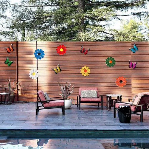 Vista 4 de 12 piezas de decoración de jardín que incluye 6 flores de metal, 6 mariposas de metal, decoración de pared, girasol, margarita, adorno colgante