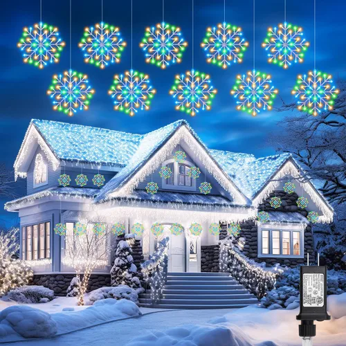 Vista 11 de Luces de Navidad Brightown estilo carámbano para exterior - Enchufe de 3.2 m, 5 gotas, 240 LED, luz de ventana con forma de copo de nieve con 8