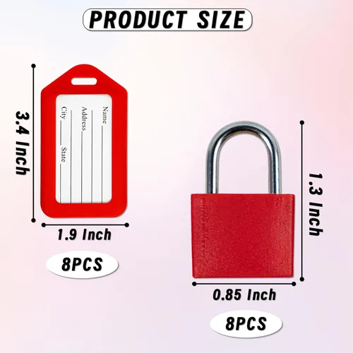 Vista 2 de Paquete de 8 candados para equipaje con llave + 8 etiquetas de viaje, etiquetas de equipaje para maletas, bolsas de etiquetas, etiquetas de nombre