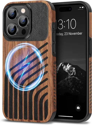 Vista 14 de TENDLIN Compatible con Funda para iPhone 15, Funda de Madera con Textura de Fibra de Carbono, Diseño Híbrido de Cuero Delgado (Negro)