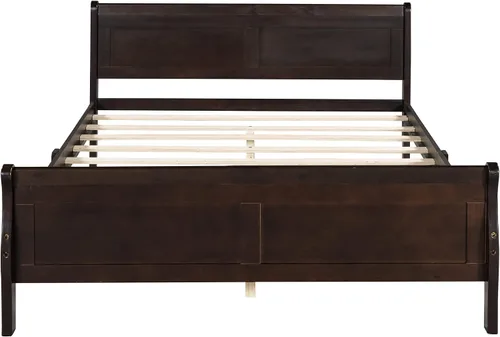 Vista 4 de Cama de plataforma de madera maciza tamaño matrimonial con cabecera y estribo de trineo, base de cama de plataforma de madera completa con Espresso