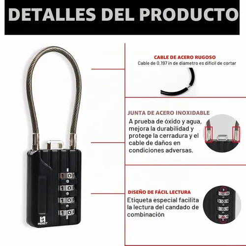 Vista 3 de RESET -201 (2 unidades) Candado de combinación de 4 dígitos con cable de acero de 7.1 pulgadas (7.1 in), bloqueo de cable para viajes, casillero