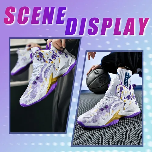Vista 6 de Promenie Zapatos de baloncesto para hombre, antideslizantes, transpirables, para exteriores, zapatos de entrenamiento de graffiti de moda