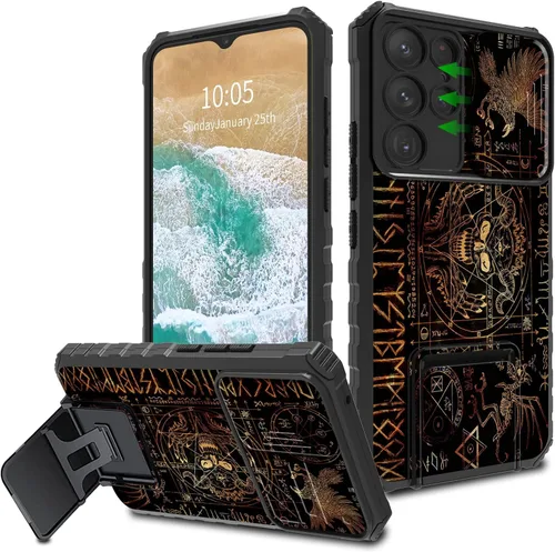 Vista 9 de FUYOCWE Funda para Samsung Galaxy S22 Ultra con cubierta para cámara deslizante, resistente Defender Kickstand Protector de lente de cámara Funda