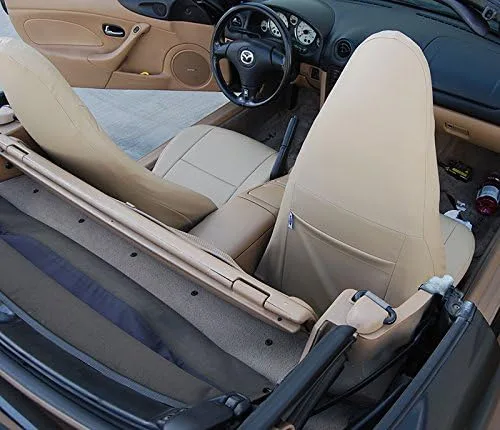 Vista 2 de Iggee Diseñado para Mazda Miata 2001-2005, Beige - Funda de asiento de piel sintética hecha a medida, ajuste original