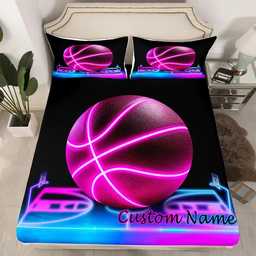 Vista 4 de Erosebridal Juego de sábanas de baloncesto rosa para niños y niñas, juego de sábanas de tamaño individual con temática deportiva, juego de sábanas