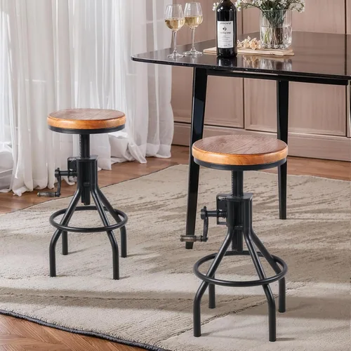 Vista 6 de Taburete industrial de madera para mostrador de granja, altura ajustable con asa, taburete de bar de cocina, color negro, juego de 2