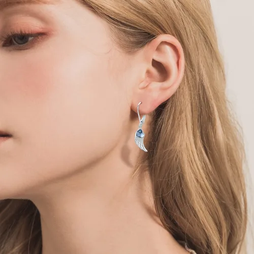 Vista 5 de Aretes hipoalergénicos de anclaje, celta, ángel, para mujeres y niñas, de plata de ley 925, con forma de corazón azul, celta, alas, anclaje