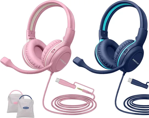 Vista 10 de SIMOLIO Audífonos para niños con micrófono para la escuela, auriculares con cable de 75/85/94 dB con micrófono retráctil para iPad, PC, laptop